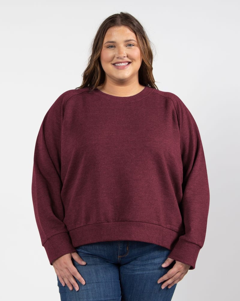 Front of a model wearing a size 3X Boxy Raglan Pullover in Maroon by chicka-d. | dia_product_style_image_id:289535